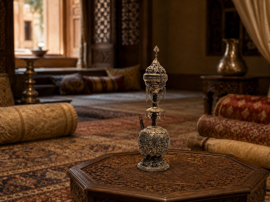 Ornate 19th-century Indian silvered-copper hookah with repoussé floral and peacock decoration