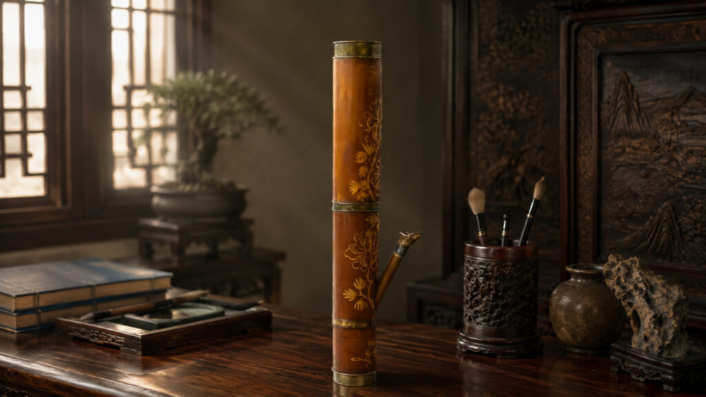 Close view of floral decoration and metal reinforcement on an antique Chinese bamboo water pipe