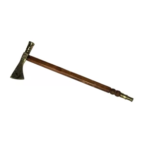 Vintage brass tomahawk-form smoking pipe reproduction with wooden stem