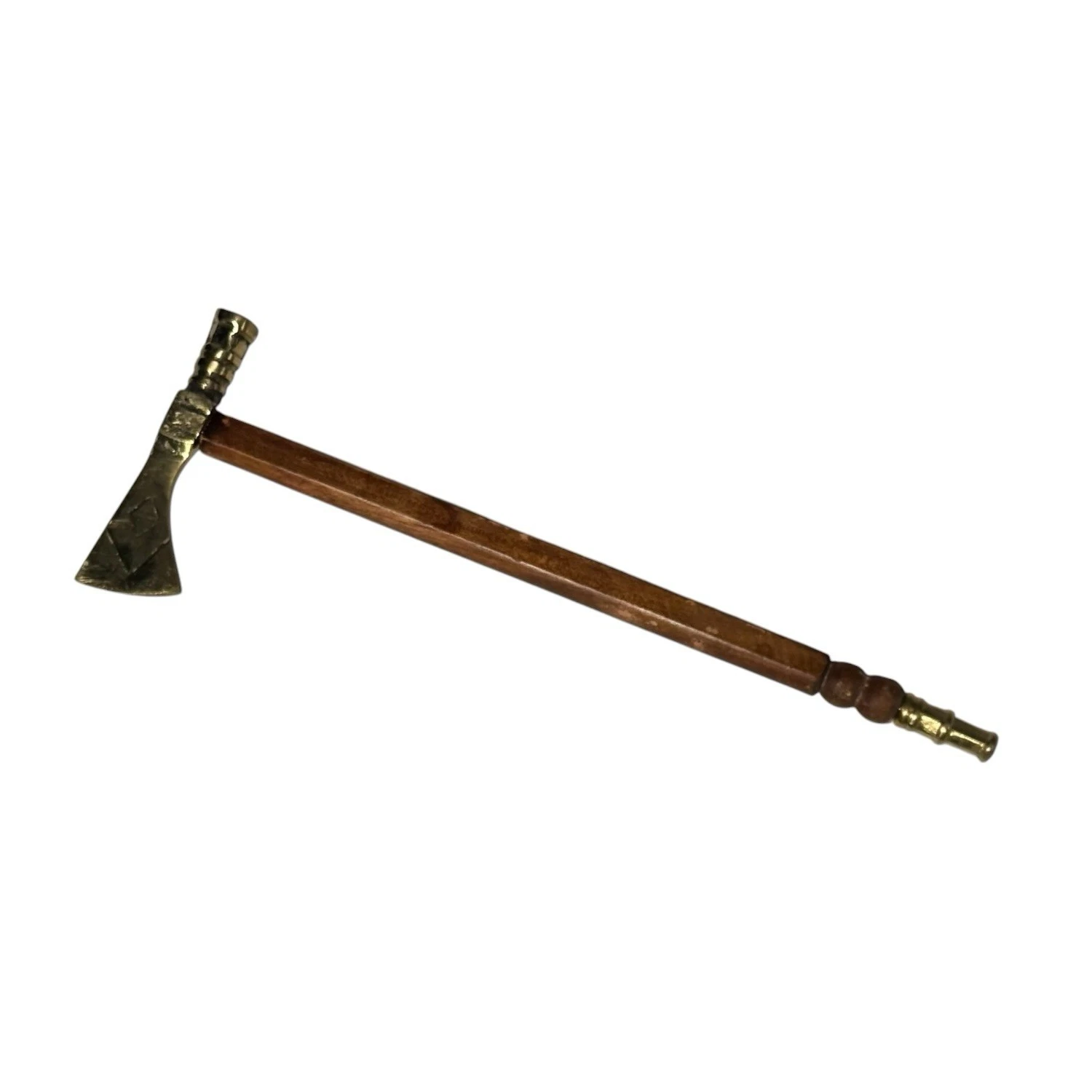 Vintage brass tomahawk-form smoking pipe reproduction with wooden stem