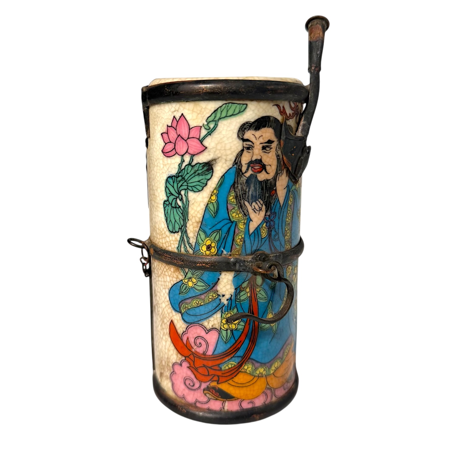 Late Qing Chinese water-smoking pipe painted with Zhongli Quan, lotus blossoms and celestial motifs